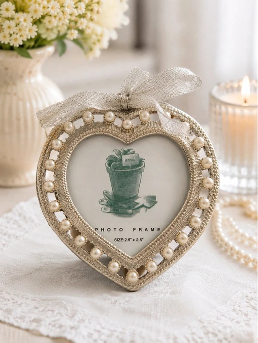 Vintage Heart Photo Frame with Faux Pearls – 2.5" x 2.5"